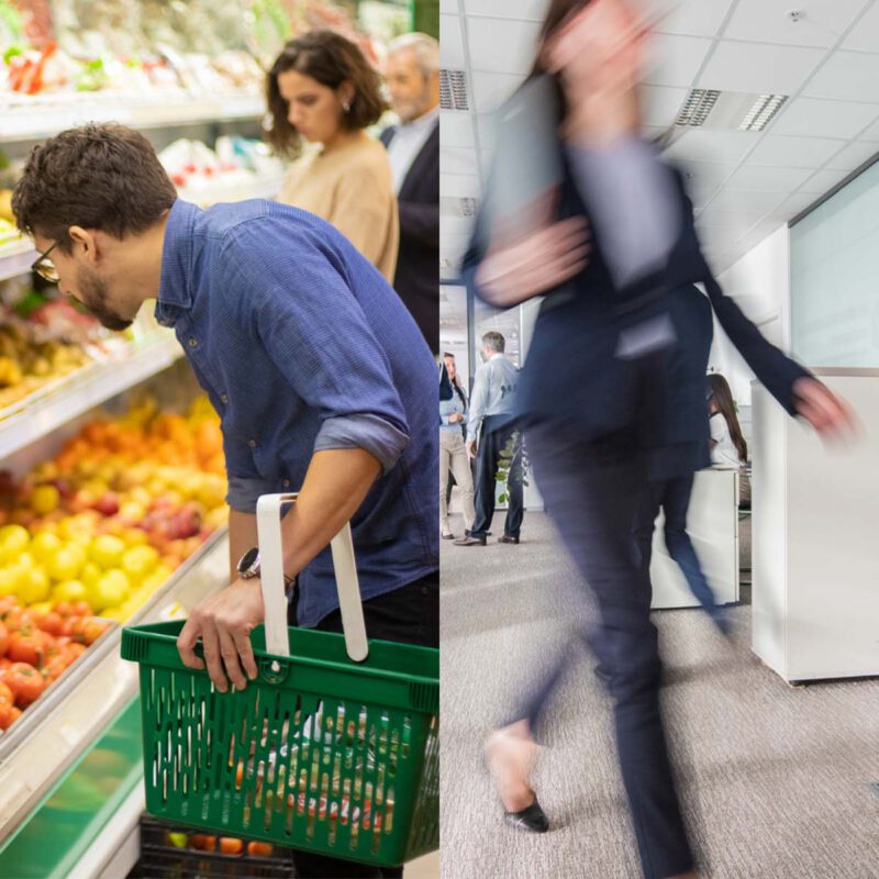 En split image med en del på en man som lägger grönsaker i korgen och en del med en kvinna i kontorsklädsel rör sig med fart.