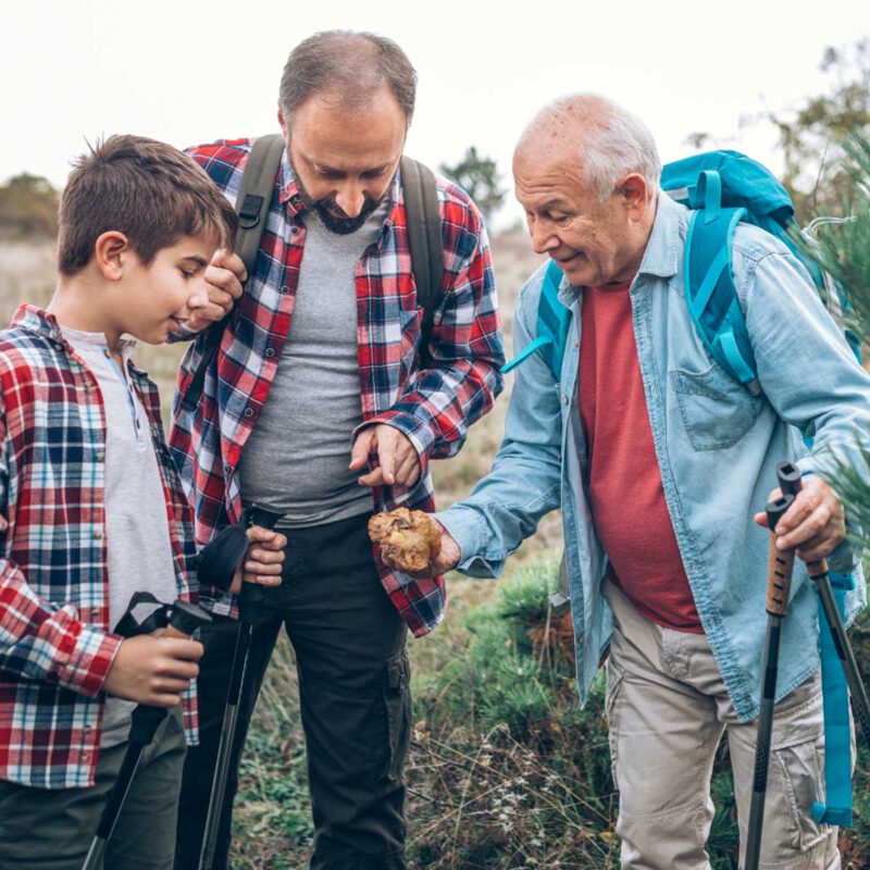Tre generationer män, pappa, morfar och son, ute på vandringstur.